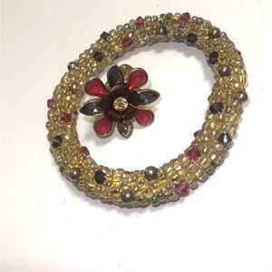 Beaded Bracelet with Flower Brooch Gold Tone Accent Beads Jewelry